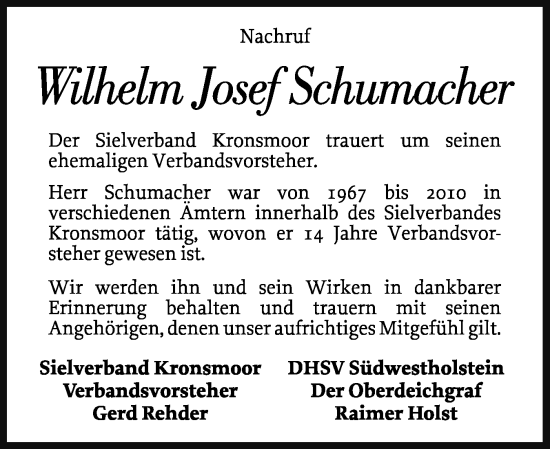 Traueranzeige von Wilhelm Josef Schumacher von Norddeutsche Rundschau, Wilstersche Zeitung, Glückstädter Fortuna