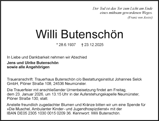 Traueranzeige von Willi Butenschön von Holsteinischer Courier