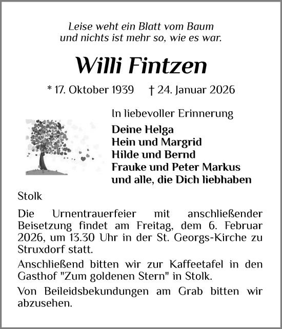 Traueranzeige von Willi Fintzen von Schleswiger Nachrichten, Schlei-Bote
