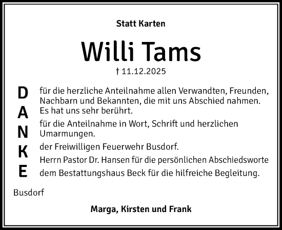 Traueranzeige von Willi Tams von Schleswiger Nachrichten, Schlei-Bote