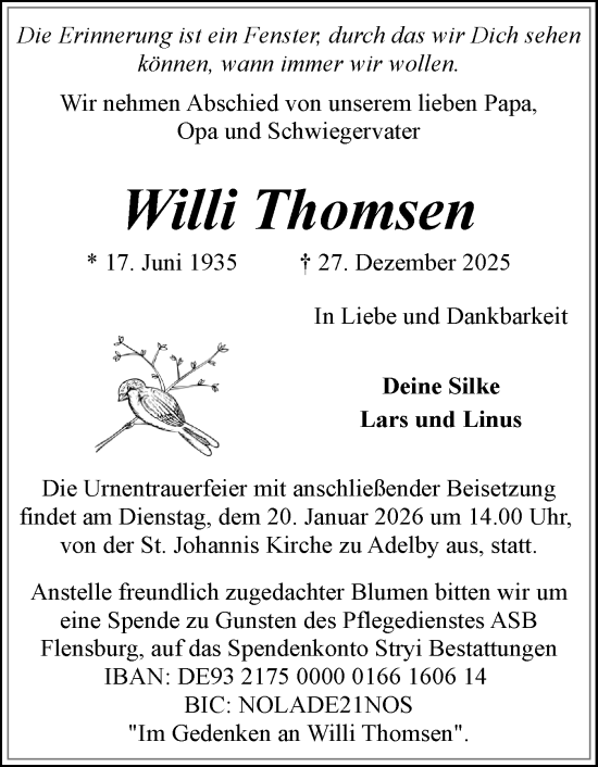 Traueranzeige von Willi Thomsen von Flensburger Tageblatt
