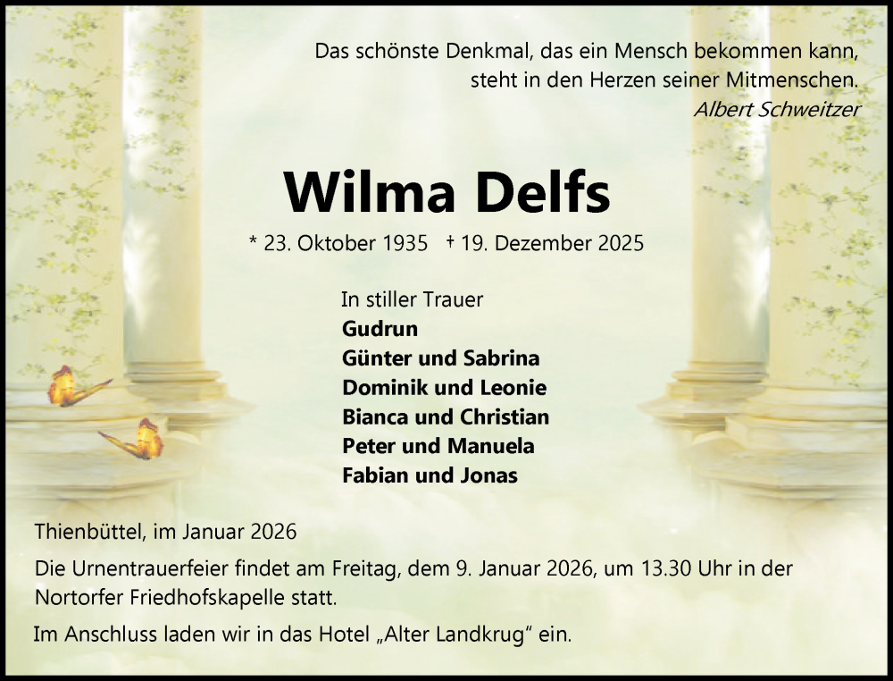  Traueranzeige für Wilma Delfs vom 03.01.2026 aus Schleswig-Holsteinische Landeszeitung