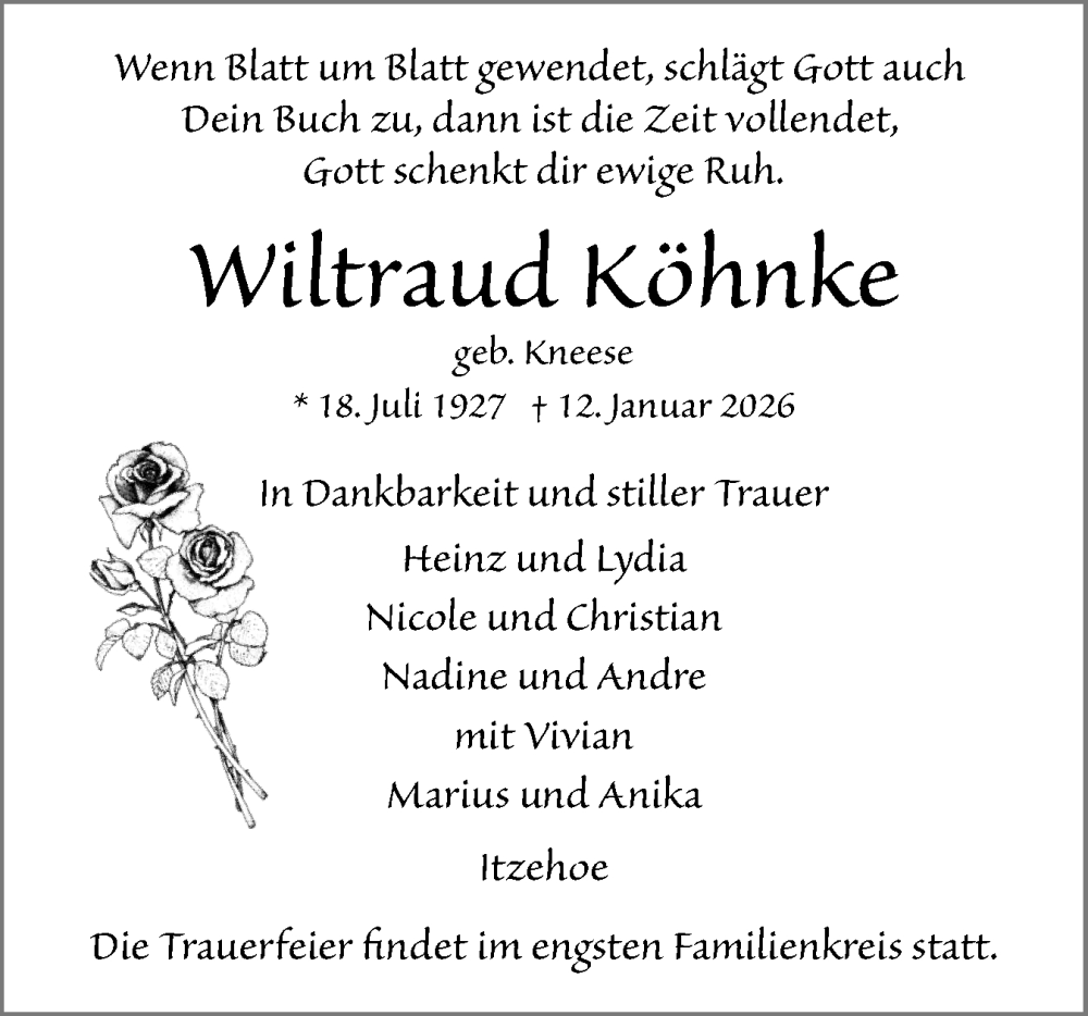  Traueranzeige für Wiltraud Köhnke vom 24.01.2026 aus Norddeutsche Rundschau, Wilstersche Zeitung, Glückstädter Fortuna