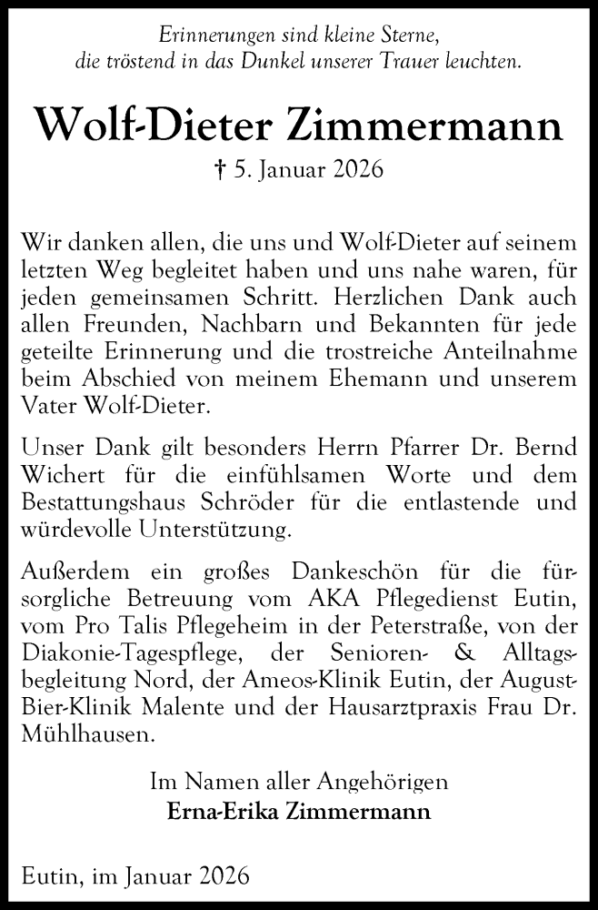 Traueranzeige für Wolf-Dieter Zimmermann vom 31.01.2026 aus Ostholsteiner Anzeiger