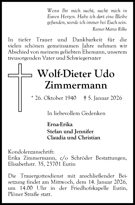 Traueranzeige von Wolf-Dieter Udo Zimmermann von Ostholsteiner Anzeiger