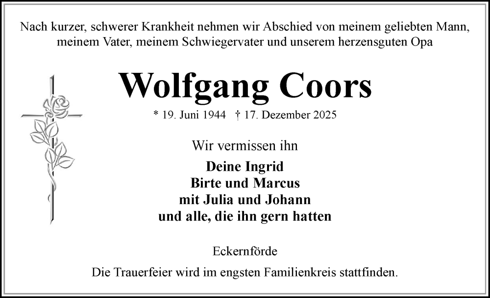  Traueranzeige für Wolfgang Coors vom 03.01.2026 aus Eckernförder Zeitung, Hallo Eckernförde