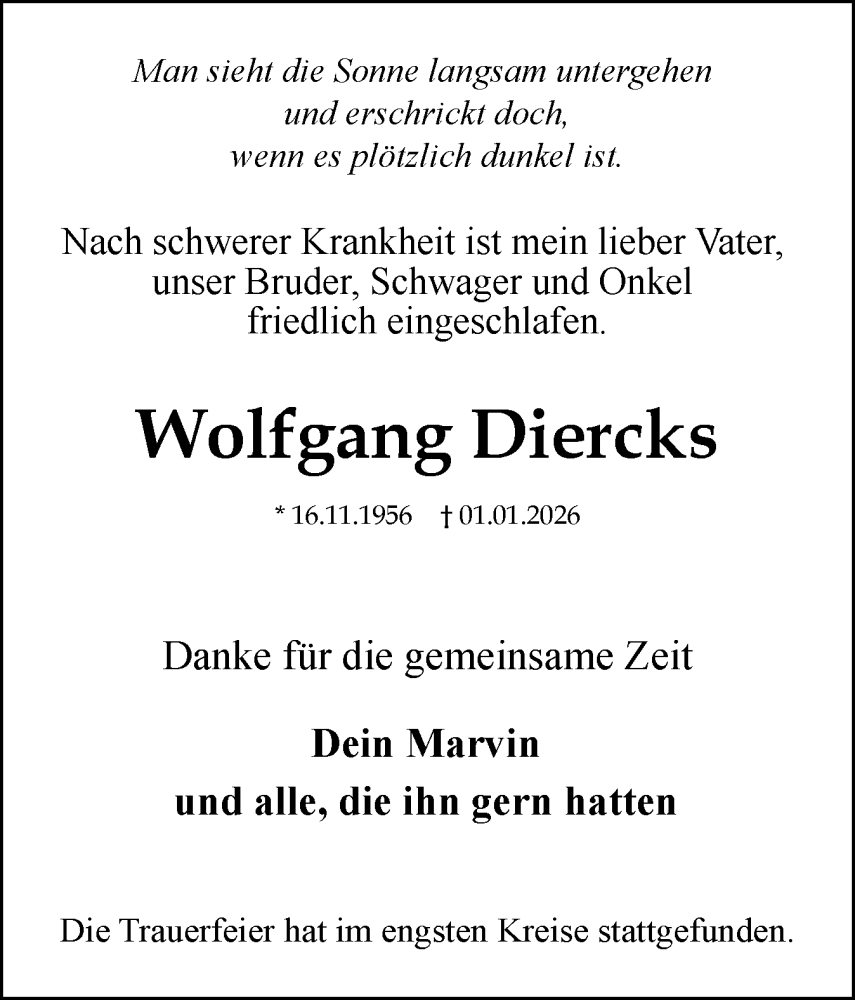  Traueranzeige für Wolfgang Diercks vom 24.01.2026 aus Elmshorner Nachrichten, Barmstedter Zeitung