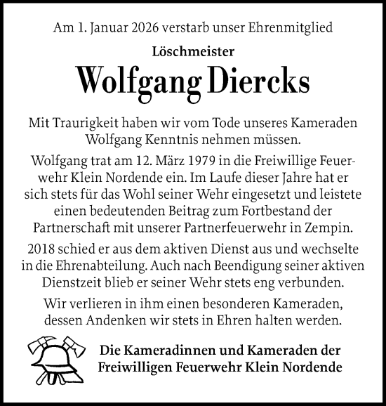 Traueranzeige von Wolfgang Diercks von Elmshorner Nachrichten, Barmstedter Zeitung