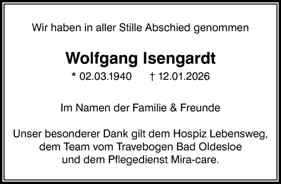 Traueranzeige von Wolfgang Isengardt von MARKT Bad Oldesloe/Reinfeld und Stormarner Tageblatt