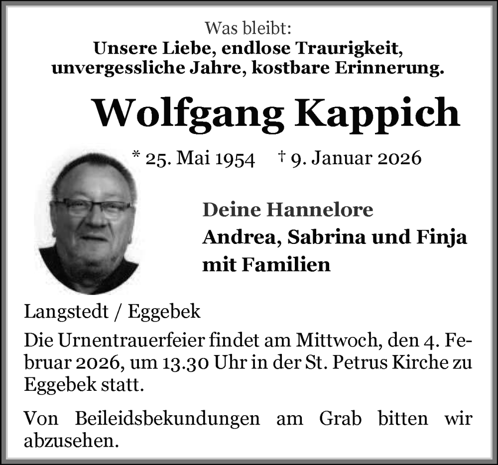  Traueranzeige für Wolfgang Kappich vom 24.01.2026 aus Flensburger Tageblatt