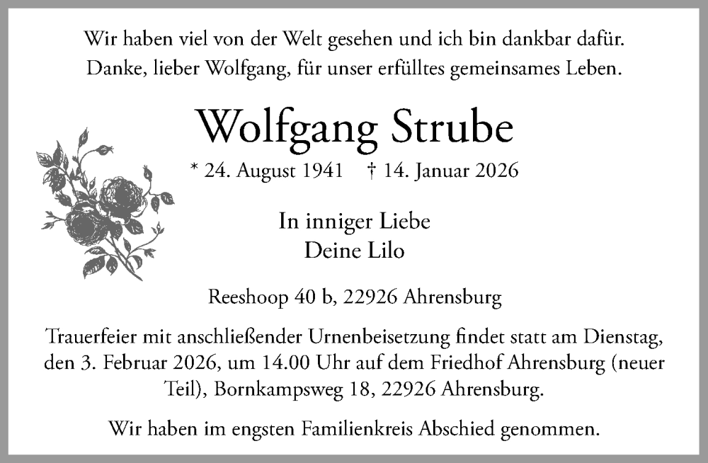  Traueranzeige für Wolfgang Strube vom 31.01.2026 aus MARKT Ahrensburg/Bargteheide/Trittau und Stormarner Tageblatt