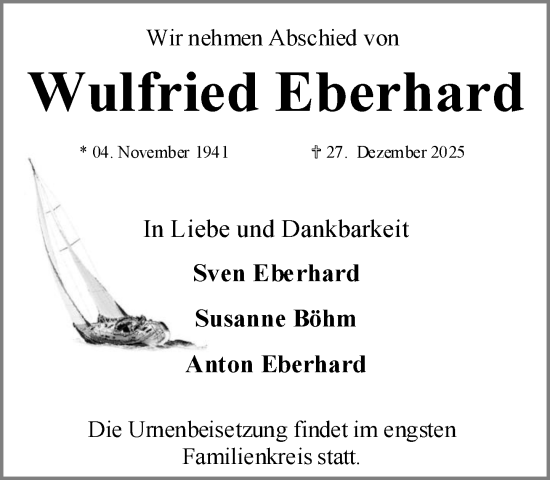 Traueranzeige von Wulfried Eberhard von MARKT Ratzeburg/Mölln