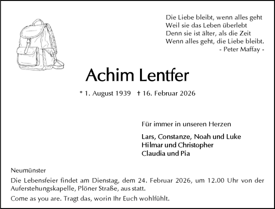 Traueranzeige von Achim Lentfer von Holsteinischer Courier