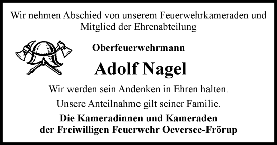 Traueranzeige von Adolf Nagel von Flensburger Tageblatt