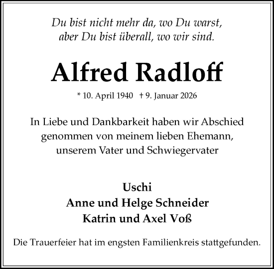 Traueranzeige von Alfred Radloff von MARKT Bad Oldesloe/Reinfeld und Stormarner Tageblatt