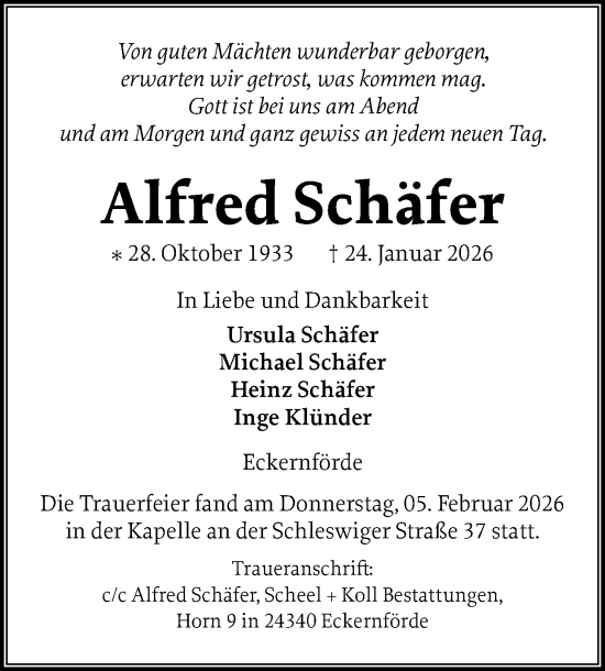 Traueranzeige von Alfred Schäfer von Hallo Eckernförde