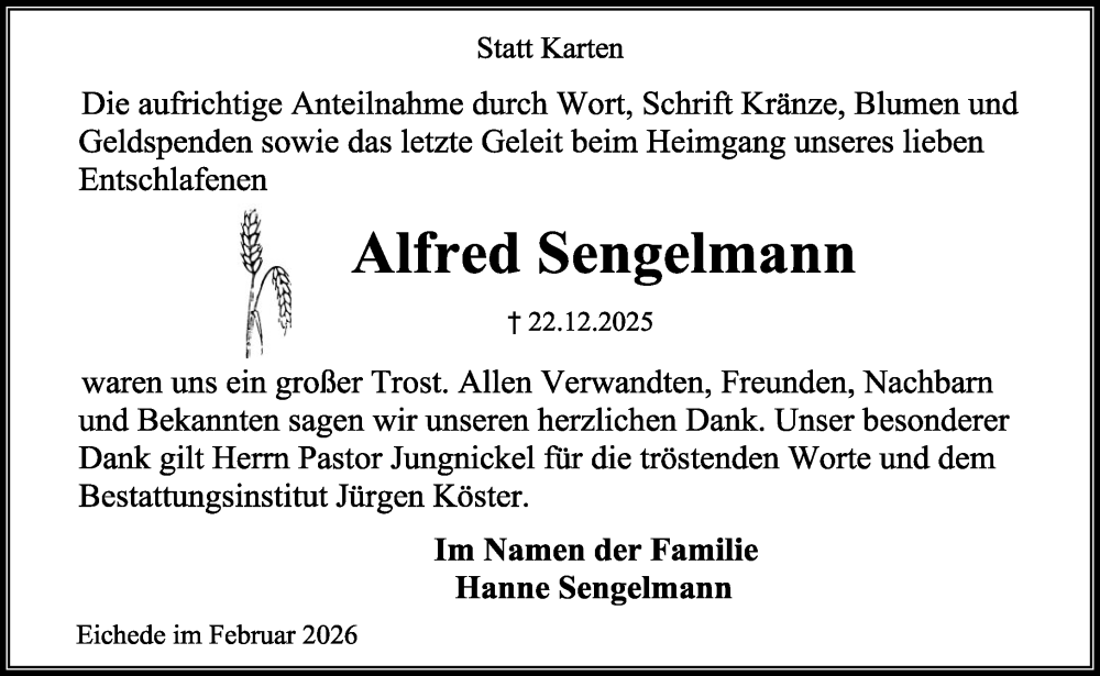  Traueranzeige für Alfred Sengelmann vom 07.02.2026 aus MARKT Bad Oldesloe/Reinfeld und Stormarner Tageblatt