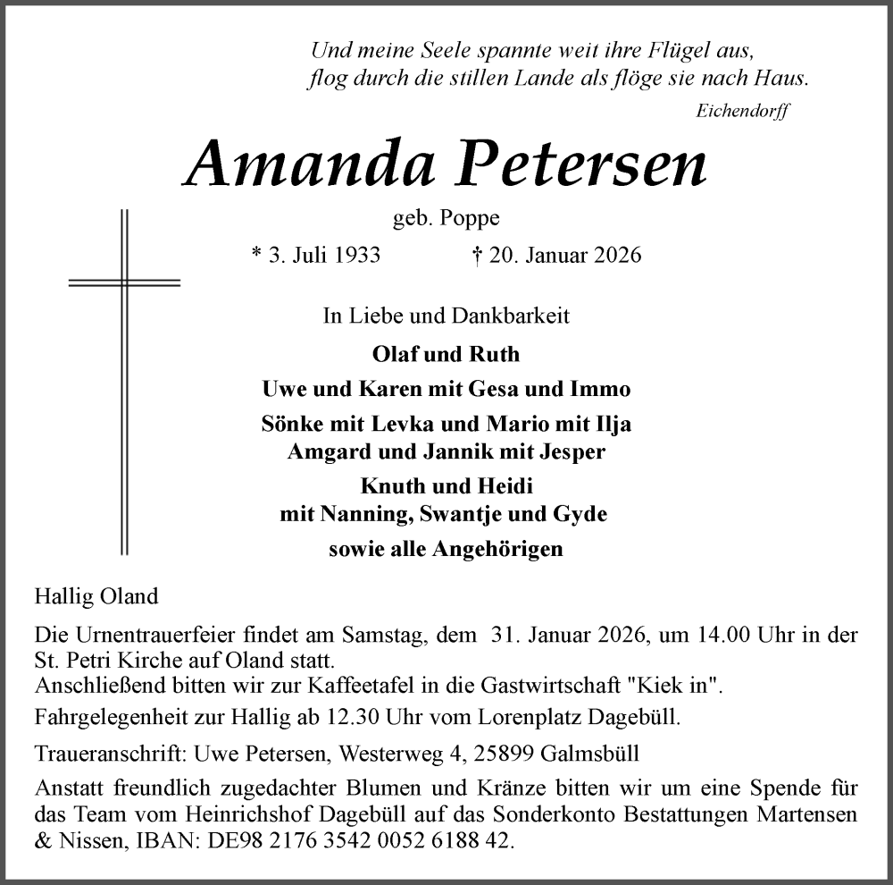  Traueranzeige für Amanda Petersen vom 24.01.2026 aus Husumer Nachrichten, Nordfriesland Tageblatt