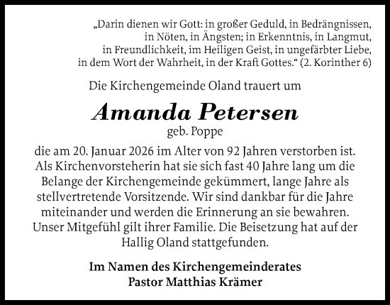 Traueranzeige von Amanda Petersen von Region Westküste