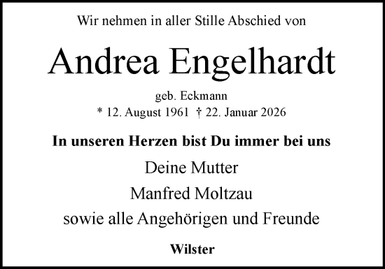 Traueranzeige von Andrea Engelhardt von Norddeutsche Rundschau, Wilstersche Zeitung, Glückstädter Fortuna