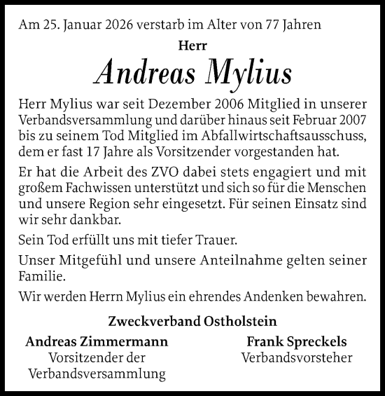 Traueranzeige von Andreas Mylius von Ostholsteiner Anzeiger