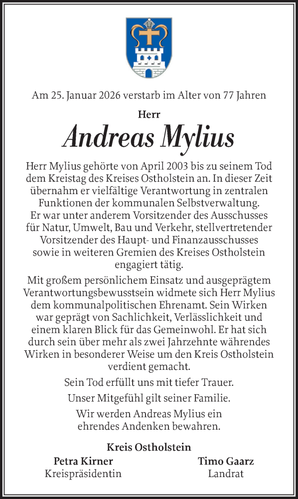  Traueranzeige für Andreas Mylius vom 04.02.2026 aus Ostholsteiner Anzeiger