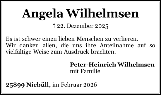 Traueranzeige von Angela Wilhelmsen von Husumer Nachrichten, Nordfriesland Tageblatt