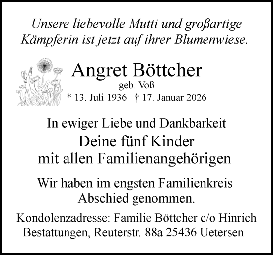 Traueranzeige von Angret Böttcher von Uetersener Nachrichten, Der tip am Wochenende