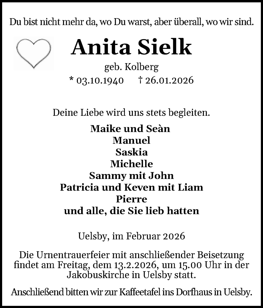  Traueranzeige für Anita Sielk vom 07.02.2026 aus Schleswiger Nachrichten, Schlei-Bote