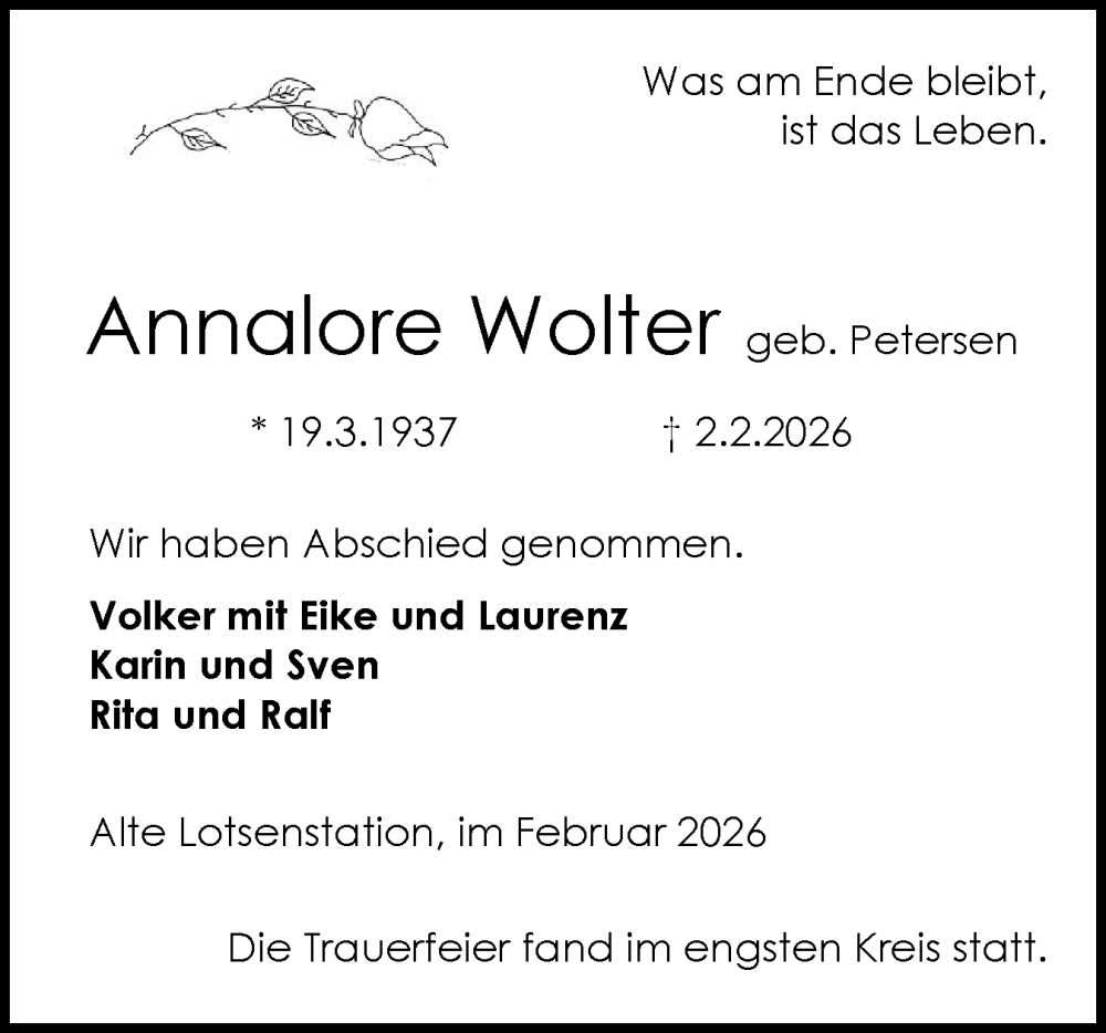 Traueranzeige für Annalore Wolter vom 14.02.2026 aus Schleswig-Holsteinische Landeszeitung