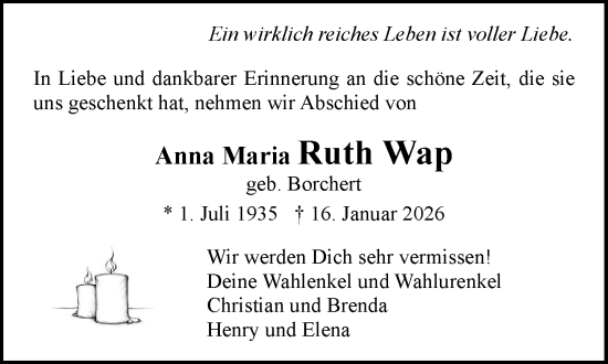 Traueranzeige von Anna Maria Ruth Wap von MARKT Ratzeburg/Mölln