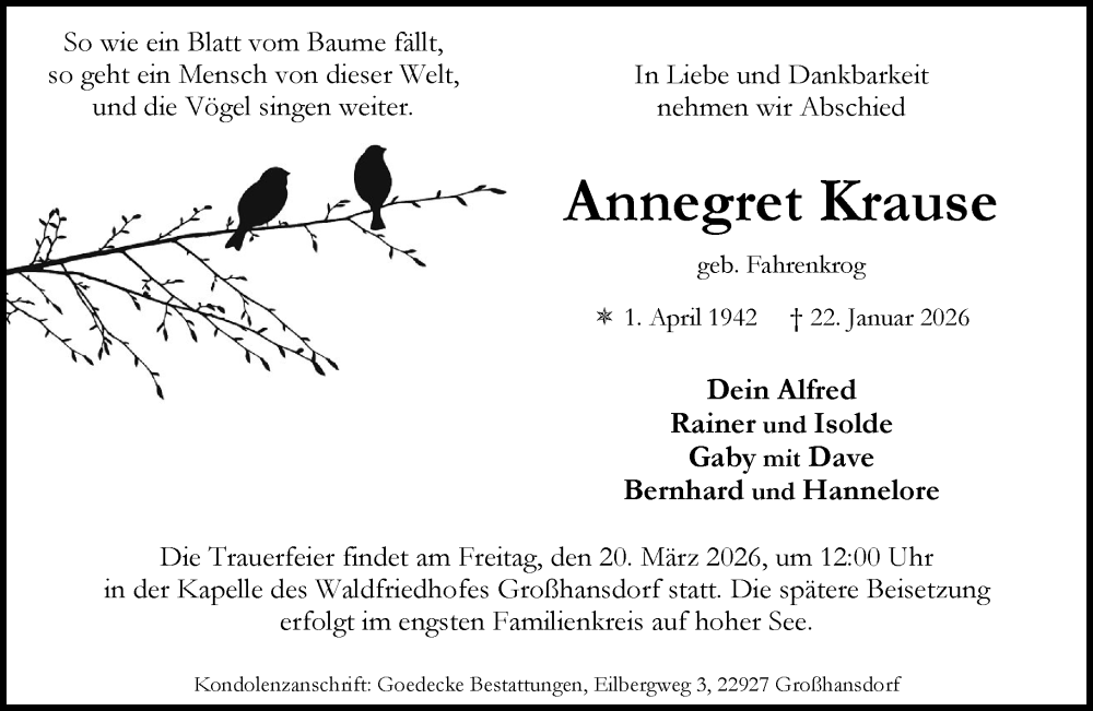  Traueranzeige für Annegret Krause vom 07.02.2026 aus MARKT Ahrensburg/Bargteheide/Trittau und Stormarner Tageblatt