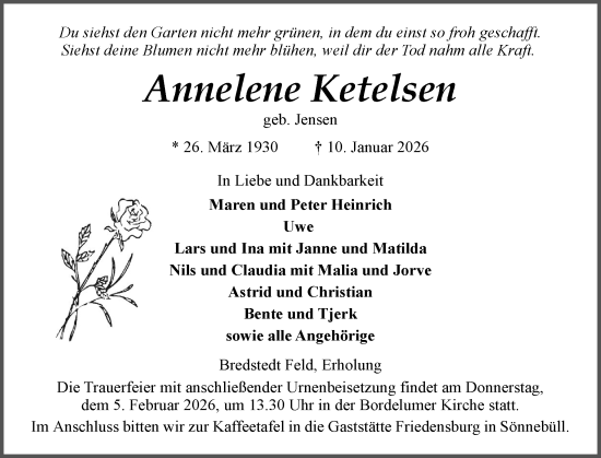 Traueranzeige von Annelene Ketelsen von Husumer Nachrichten, Nordfriesland Tageblatt