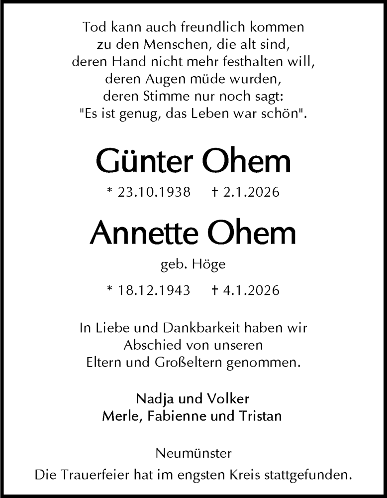  Traueranzeige für Annette Ohem vom 24.01.2026 aus Holsteinischer Courier