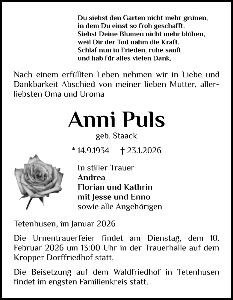  Traueranzeige für Anni Puls vom 04.02.2026 aus Schleswig-Holsteinische Landeszeitung