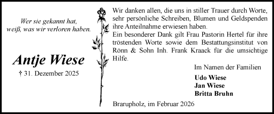Traueranzeige von Antje Wiese von Flensburger Tageblatt, Schleswiger Nachrichten, Schlei-Bote