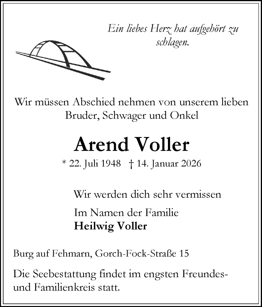  Traueranzeige für Arend Voller vom 24.01.2026 aus Schleswig-Holsteinische Landeszeitung