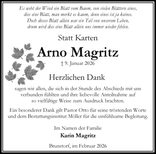 Traueranzeige von Arno Magritz von Wochenend Anzeiger
