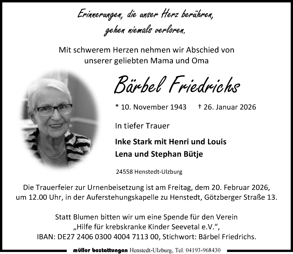  Traueranzeige für Bärbel Friedrichs vom 14.02.2026 aus Umschau