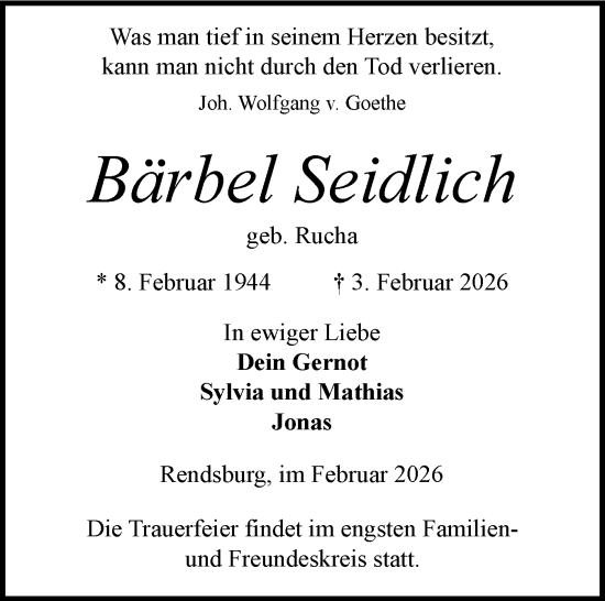 Traueranzeige von Bärbel Seidlich von Schleswig-Holsteinische Landeszeitung