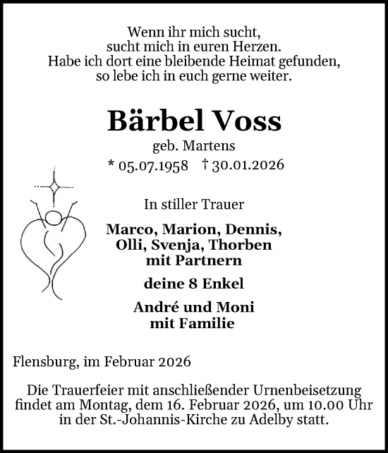 Traueranzeige von Bärbel Voss von Flensburger Tageblatt