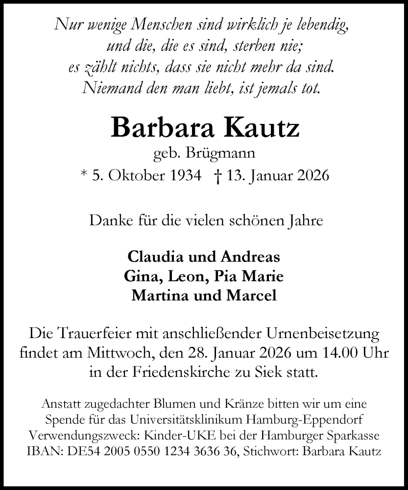  Traueranzeige für Barbara Kautz vom 24.01.2026 aus MARKT Ahrensburg/Bargteheide/Trittau und Stormarner Tageblatt