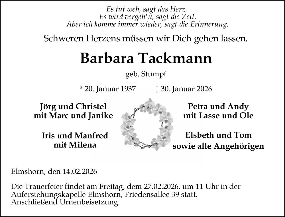  Traueranzeige für Barbara Tackmann vom 14.02.2026 aus Elmshorner Nachrichten, Barmstedter Zeitung