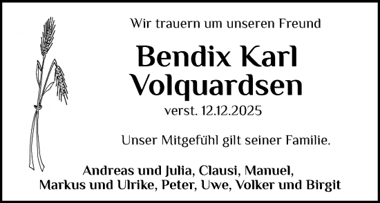 Traueranzeige von Bendix Karl Volquardsen von Husumer Nachrichten, Nordfriesland Tageblatt