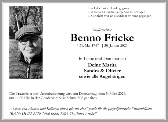 Traueranzeige von Benno Fricke von Umschau