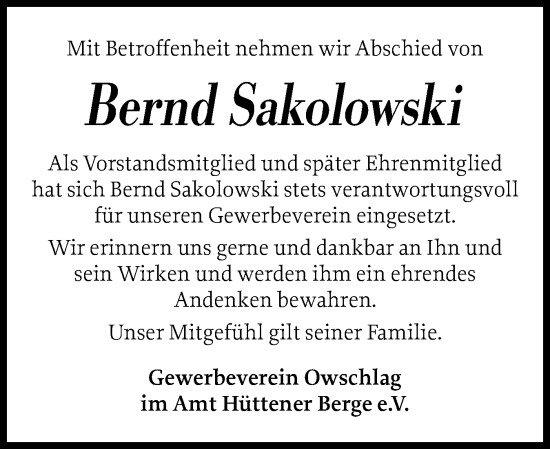 Traueranzeige von Bernd Sakolowski von Schleswig-Holsteinische Landeszeitung