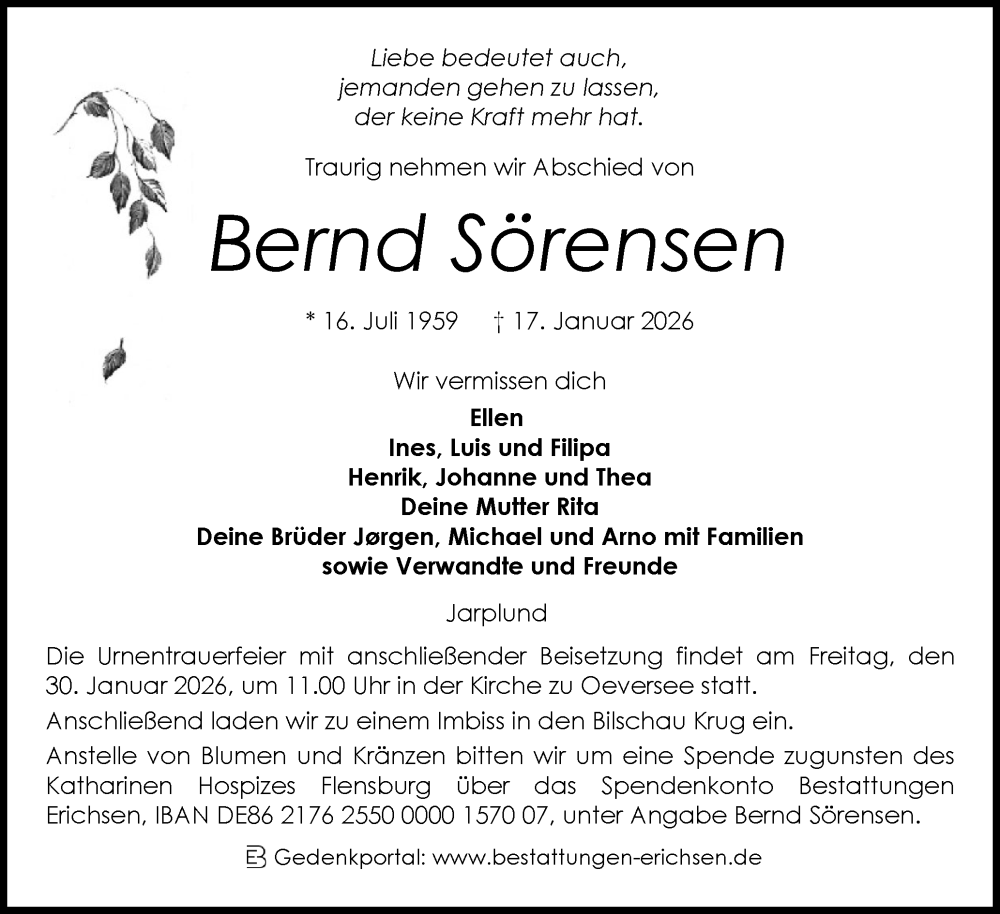  Traueranzeige für Bernd Sörensen vom 24.01.2026 aus Flensburger Tageblatt