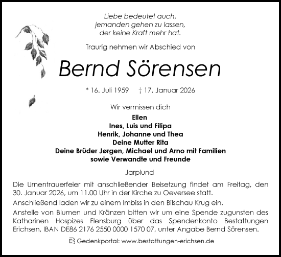 Traueranzeige von Bernd Sörensen von Flensburger Tageblatt