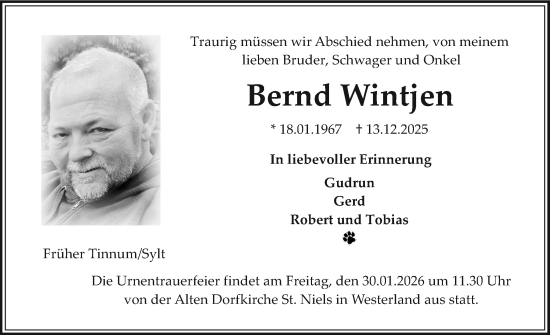 Traueranzeige von Bernd Wintjen von Sylter Rundschau