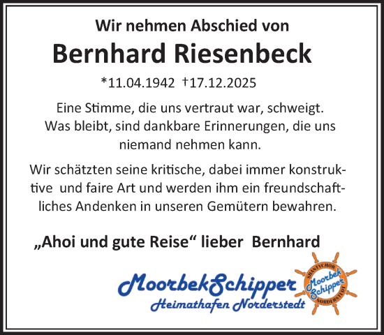 Traueranzeige von Bernhard Riesenbeck von Heimatspiegel